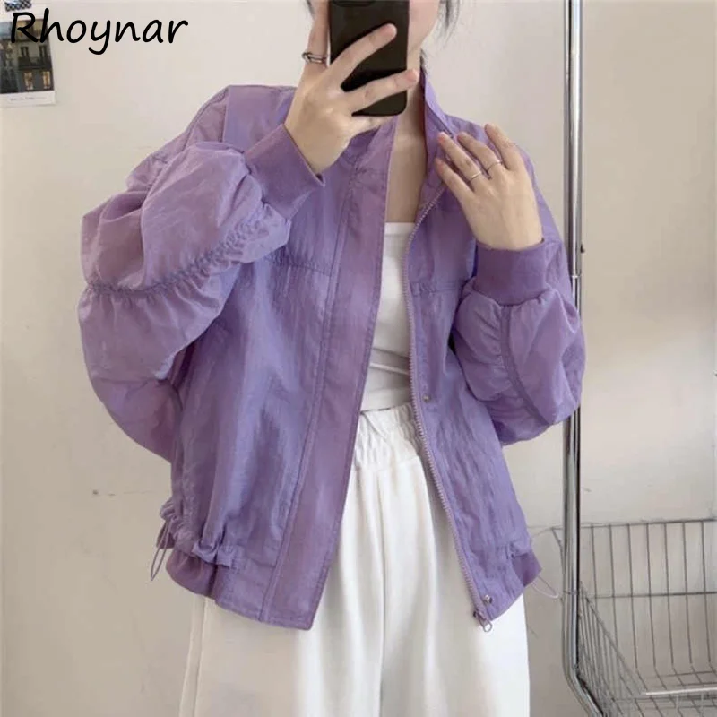 4 Colors Jackets Women Baggy Thin Sunscreen Leisure Korean Style Shirring Sweet Sporty American  Outerwear New Summer Retro