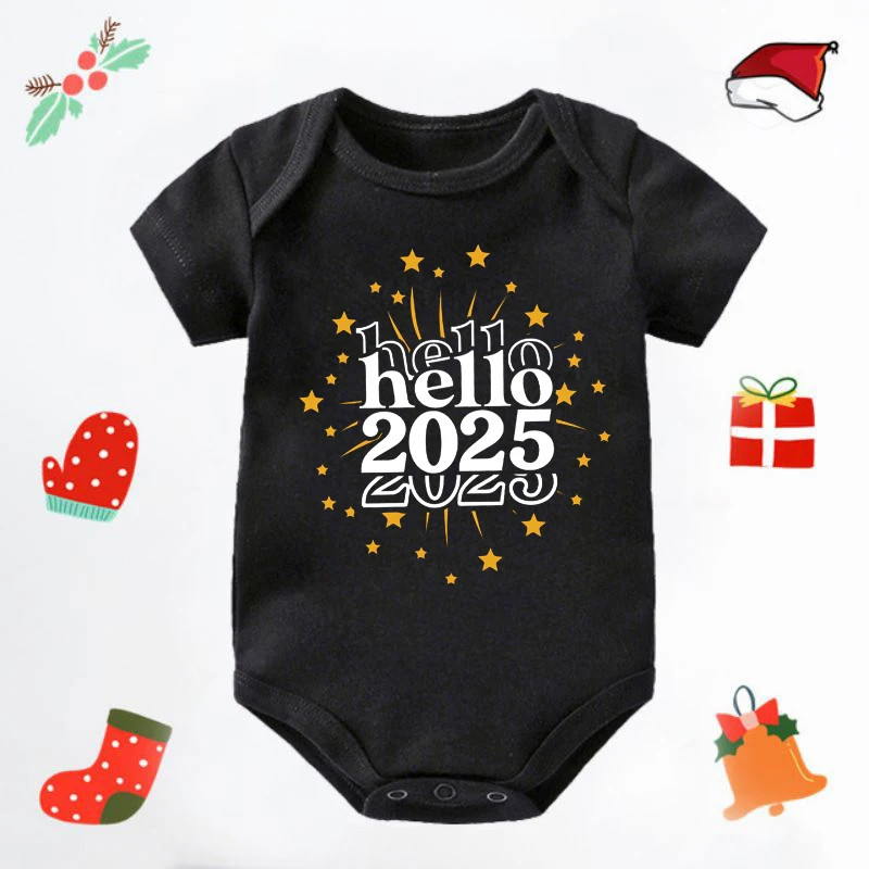 Hello 2025 Newborn Baby Bodysuit Casual Short Sleeve Infant Rompers Body Baby Boys Girls New Year Ropa Clothes Christmas Gift