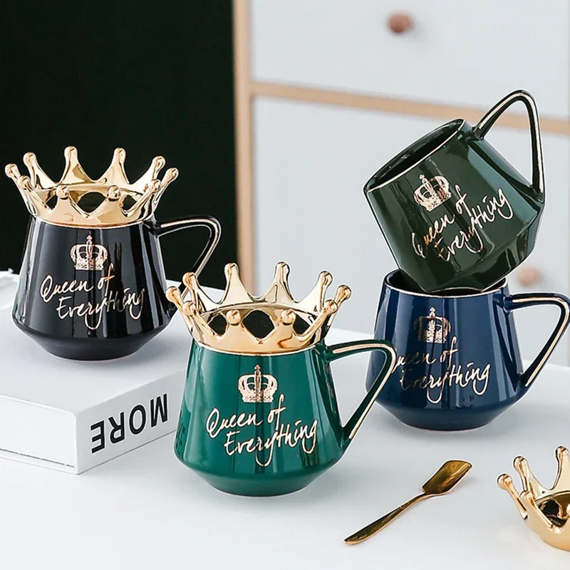 

400ml Crown Ceramic Coffee Cup Fine Couple Mug with Lid Simple Afternoon Tea Coffee Cup Breakfast Milk Coffee Mug Birthday Gift