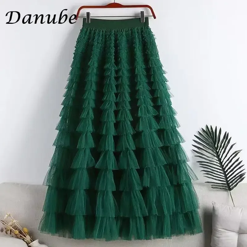 Vintage Multilay Ruffle Tulle Tutu Long Skirt for Women Spring Korean Casual High Waist Mesh Pleated Cake Skirt Faldas Aesthetic