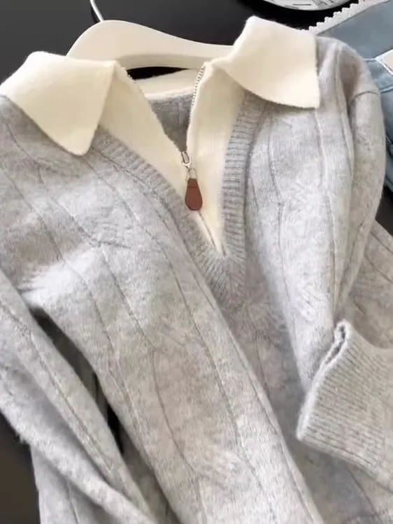 ay محبوك سترة مع f سستة المرأة Faion عادية فضفاضة تناسب الدافئة ملابس خارجية مباراة داخلية الخريف الشتاء الملابس #4