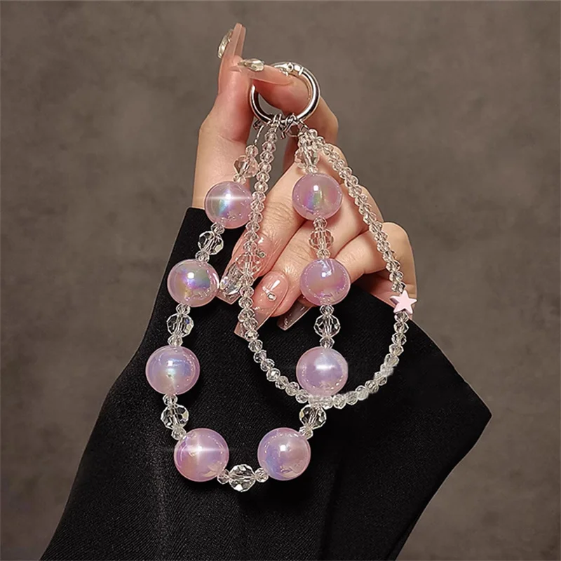Y2k Korea Luminous Bead Star Clear Hand Chain Wrist Short Lanyard With Clip Mobile Phone Case Cute Keychain Pendant Accessories