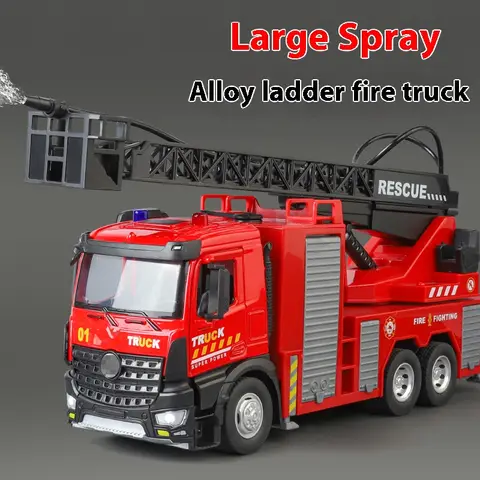 Large water-squirting ladder fire truck model metal die cast back pull steering children toys boys gift Halloween toys