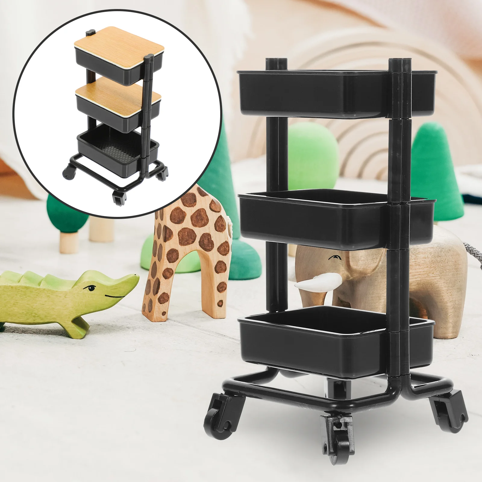 Mini 3-layer Cart Simulated Storage Rack Trolley Adornment Movable Model Adorable Miniature Plastic House