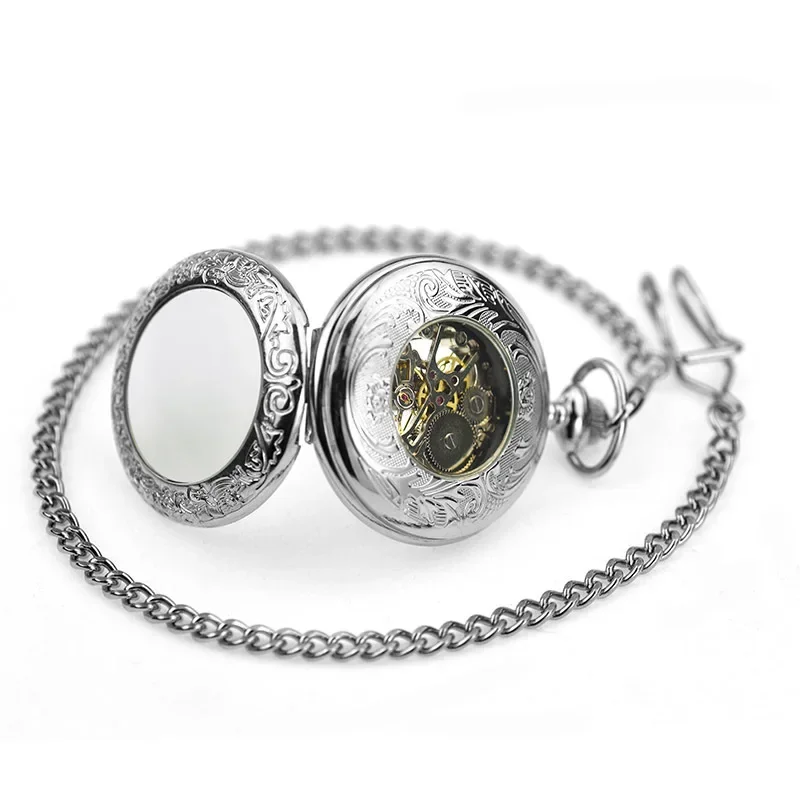 Mechanical Hand Winding Pocket Watch Blue Roman Numerals Display Transparent Cover Antique Silver Fob Pendant Pocket Clock