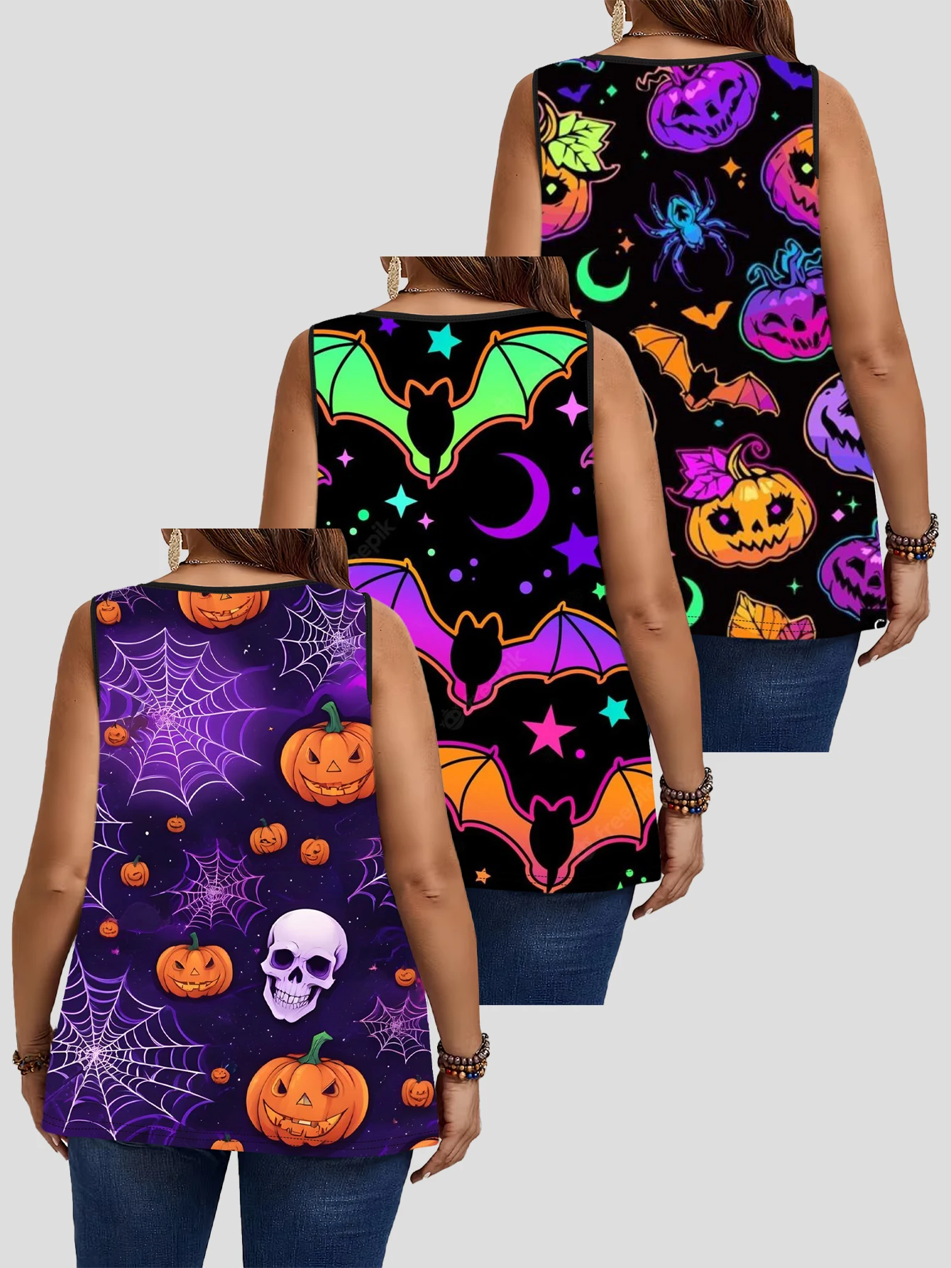 3-Piece Set of Plus-Size Women's Purple Starry Sky Skeleton Pumpkin Spider Web Halloween All-Over Print Tank Top, Round Neck Loose Sleeveless Top