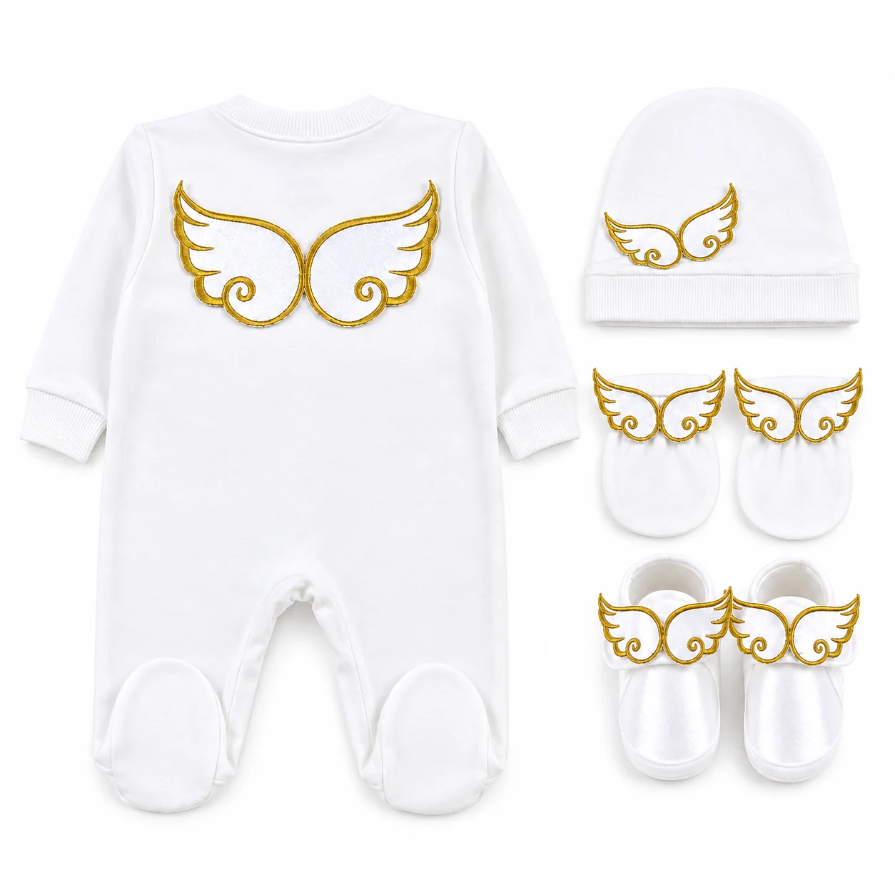 

Newborn Baby 4pcs Footed Romper Set Gold Angel Wings Embroidery White Infant Jumpsuit Hat Mitten Shoes for Photography Gift