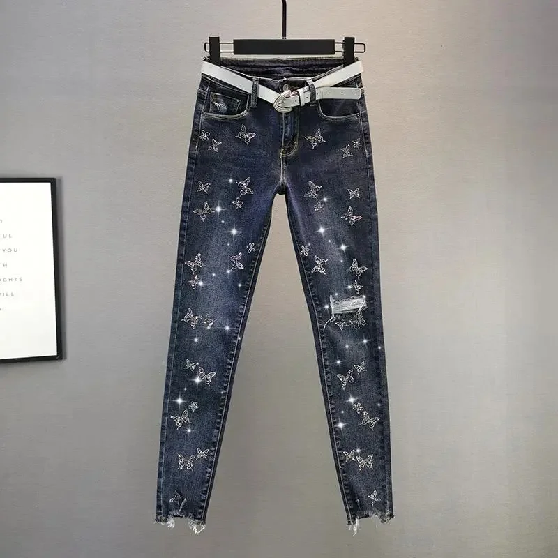 Spring Summer 2024 New Fashion Denim Pants Female Korean Version Elastic Rhinestones High Waist Jeans Pencil Pants