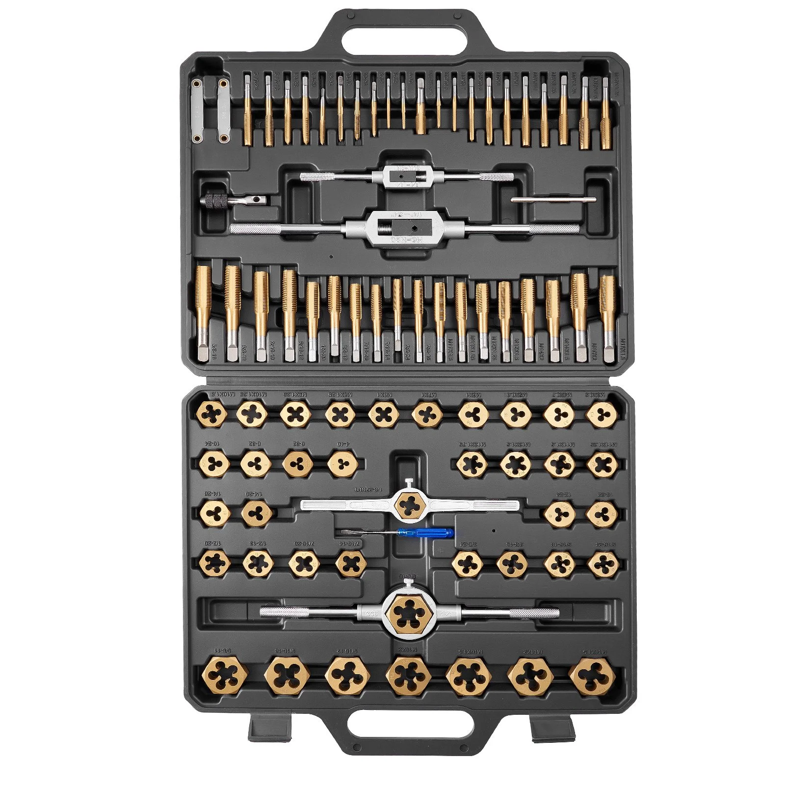 

Tap and Die Set, 86-Piece Metric and SAE Sizes M3 to M12, #4 to 5/8", with Coarse and Fine Thread Taps and Dies