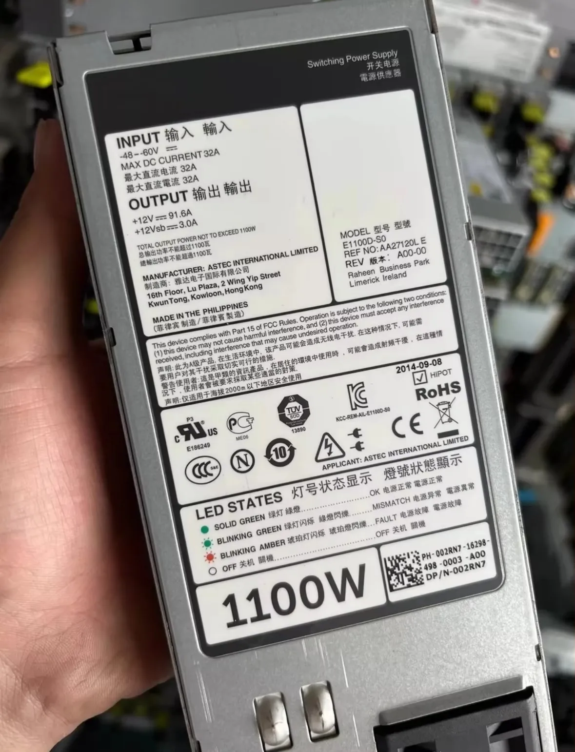 

002RN7 02RN7 1100W E1100D-S0 PowerEdge R720 R620 Hot-Swap Power Supply