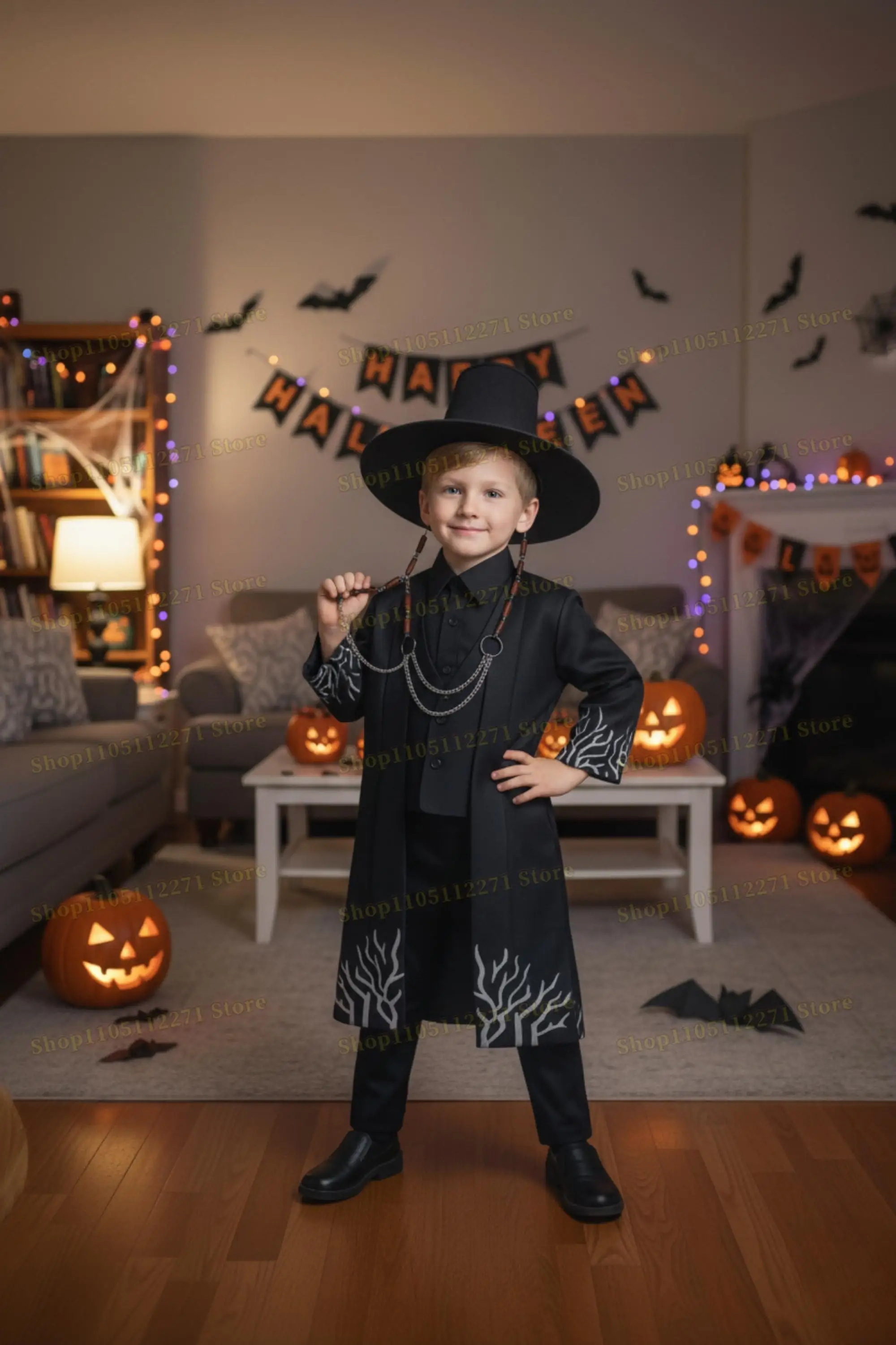 

Kids Cosplay Suit KPop Demon Hunters Saja Boys Cospplay Costume Jinu Saja Robe Baby Black Uniform Stage Performance Halloween