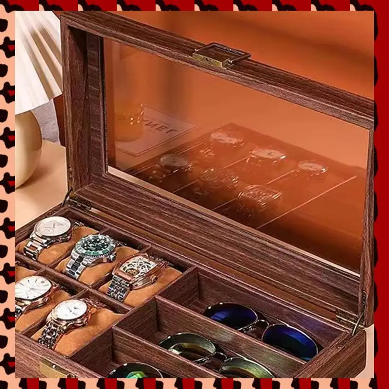 

A72P Watch Box Organizer - Brown Tabletop Watch Holder With Jewelry Display,Wooden Jewelry Storage Box,Bedside Storage Box