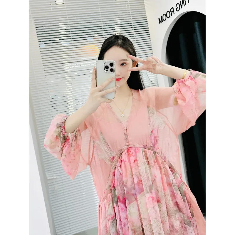 

Женское шифоновое розовое платье с V-образным вырезом и цветочным принтом, длинное, в стиле феи, высококачественное, романтичное, модное, ретро, с длинными рукавами, длинная юбка, комплект из двух предметов