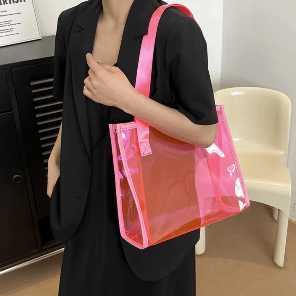Square Transparent Handbag Candy Color Large Capacity Waterproof Shoulder Bag Jelly Color Messenger Bag PVC Tote Bag Beach