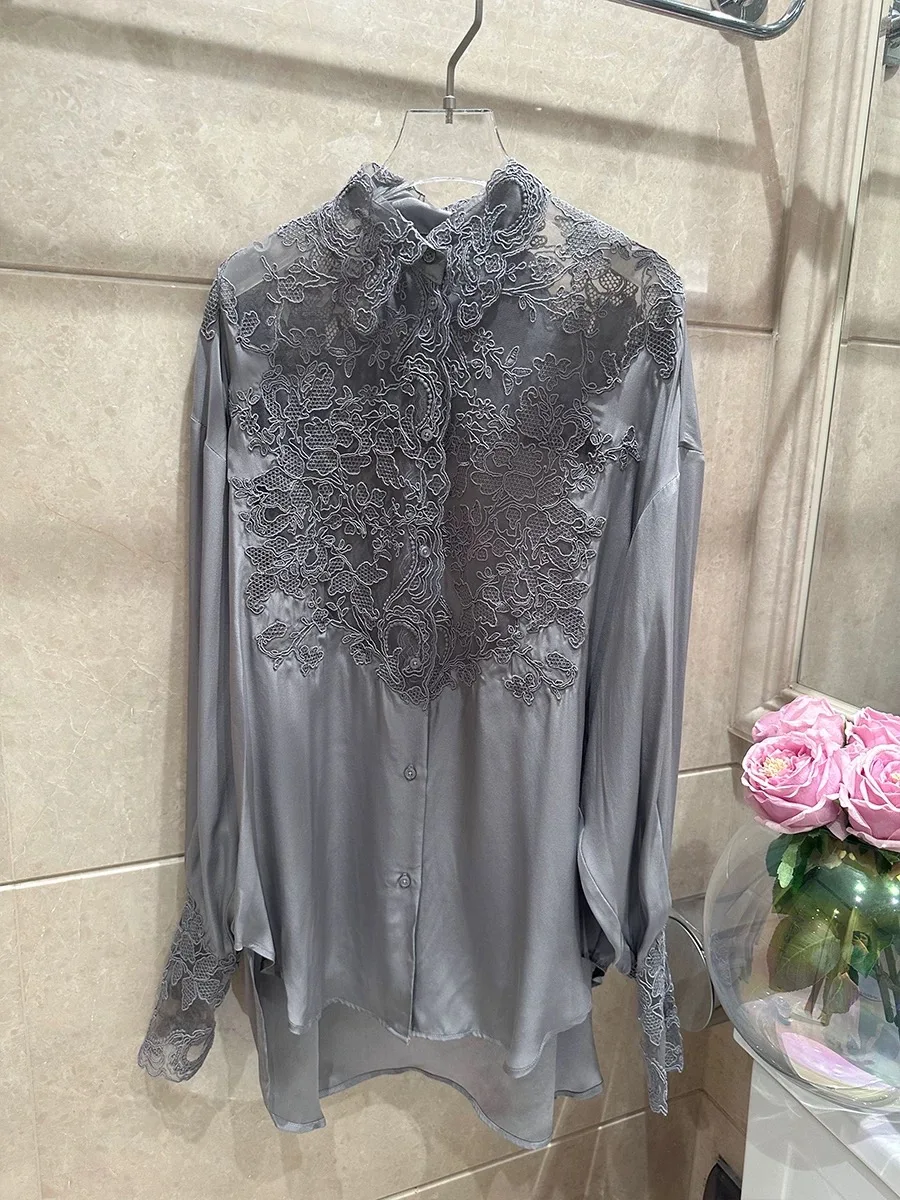 

Женская блузка с кружевной вышивкой, отложным воротником и длинными рукавами из шелка