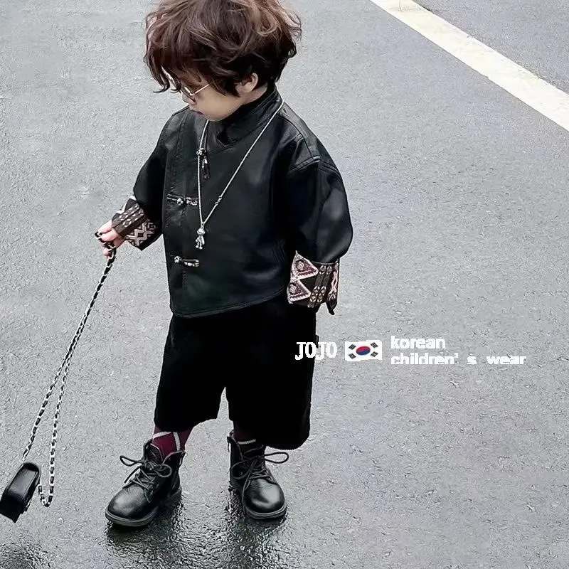 Autumn Winter Fashion Children Casual Windbreaker Leather Jacket Kids Boys Black Motorcycle+Pants Trench Coat Outerwear Clothes