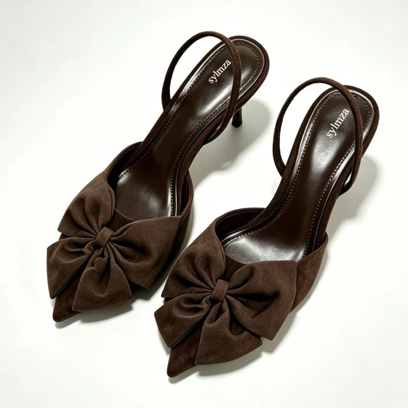 

Elegant Butterfly Bow Backless Heeled Women's Sandals Pointed Toe Pumps Heels Mules Shoes Summer 2026 Designer Party Dress Shoes