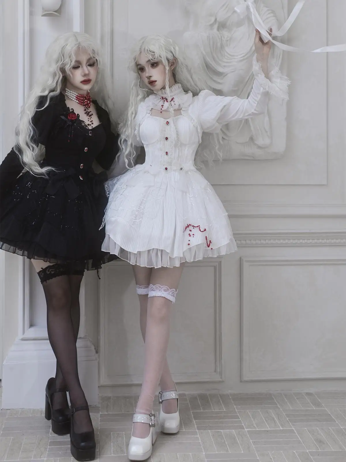 Gothic Bla White Long Sve Bubble Sve OP Set Spider Web Blood Drop loween Twin Witch Full Payment Lolita Dr Skirt