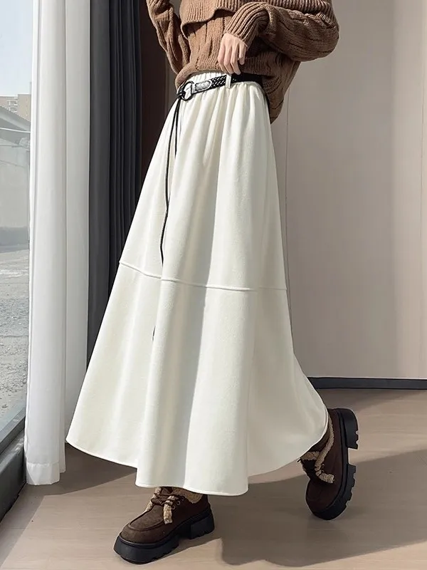 

Deep ey Woolen A-Line Midi Skirt Women's Spring Autumn Winter New Sle Elastic Waist Slimming Fulln Umbrella Skirt