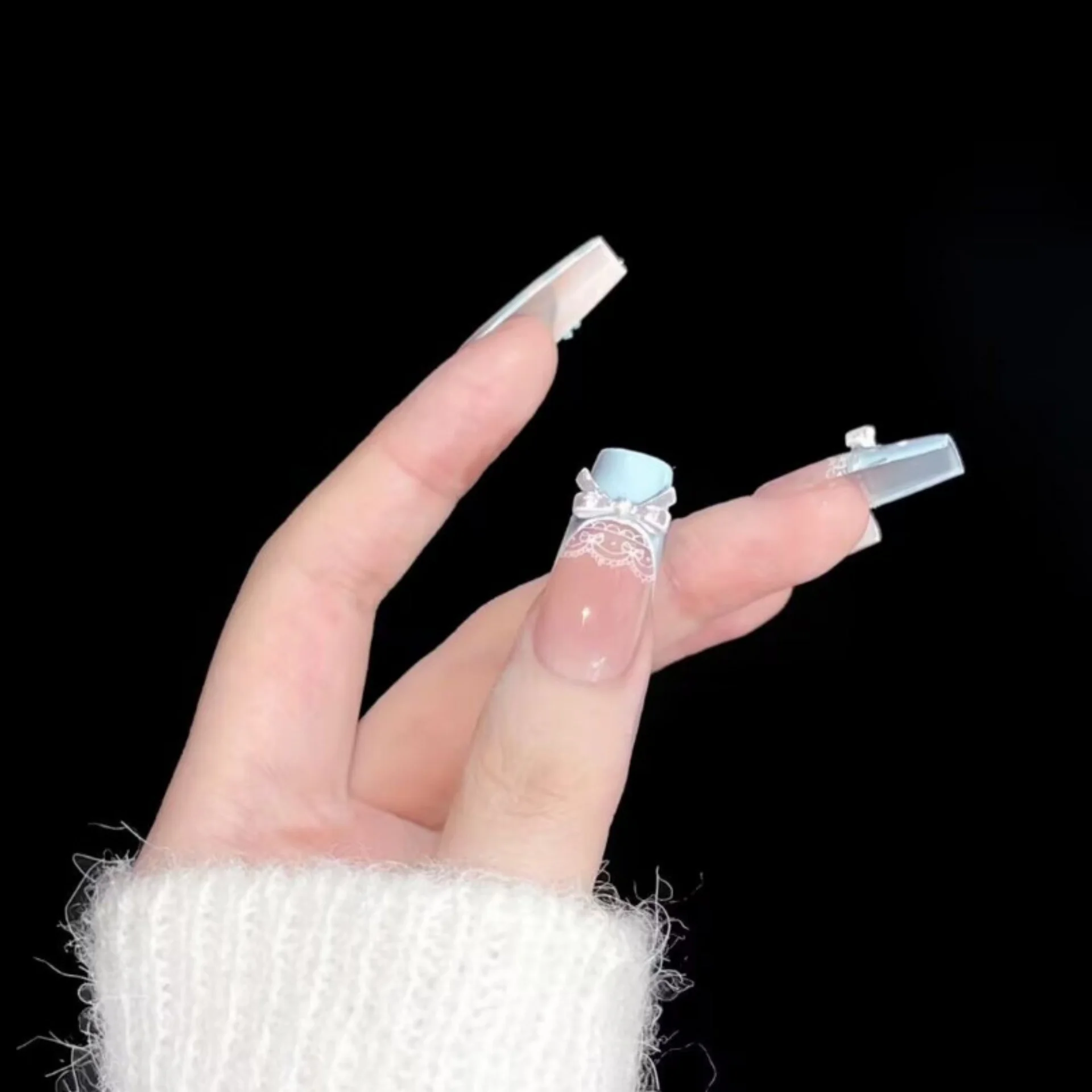 10 pièces bleu fait à la main faux ongles conseils arc français court Ballet faux ongles Art détachable paillettes strass conception presse sur les ongles