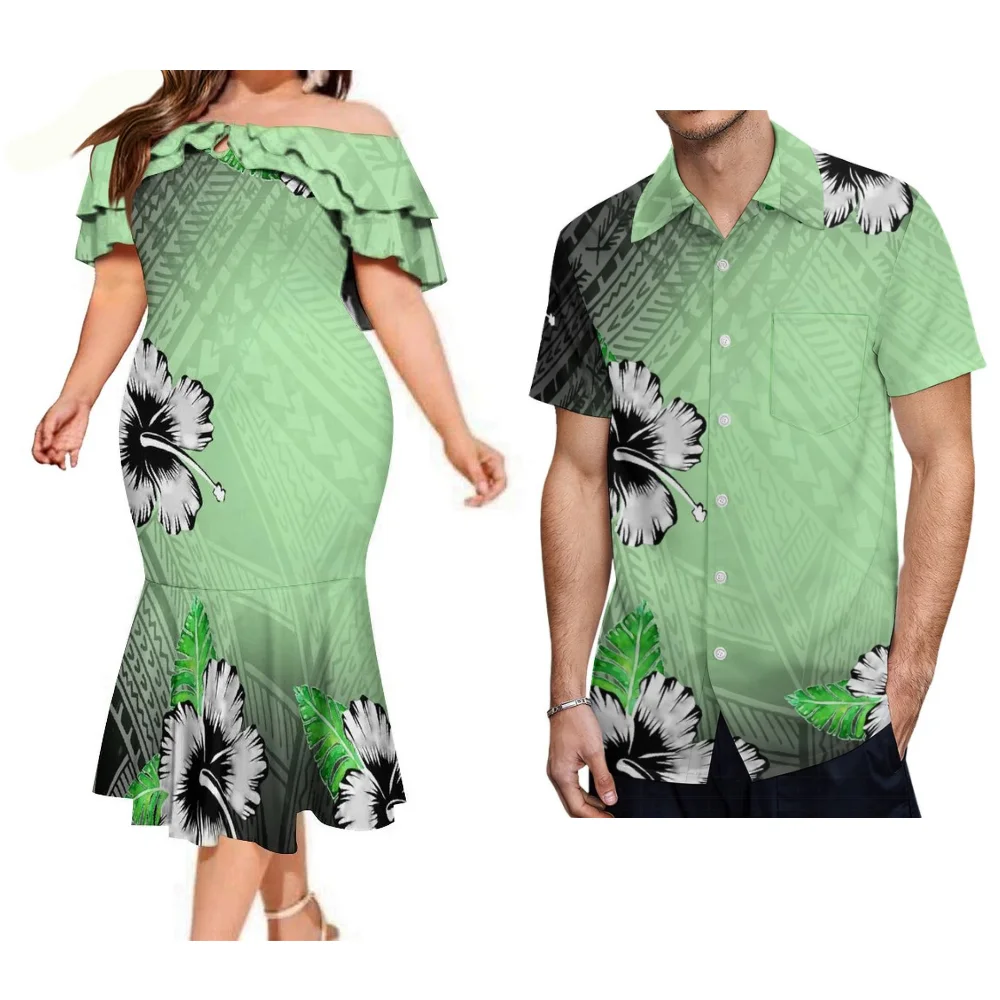 Samojska sukienka dla par w nowym stylu Damska sukienka z odkrytymi ramionami Fishtail Męska koszula Polinezyjska odzież festiwalowa