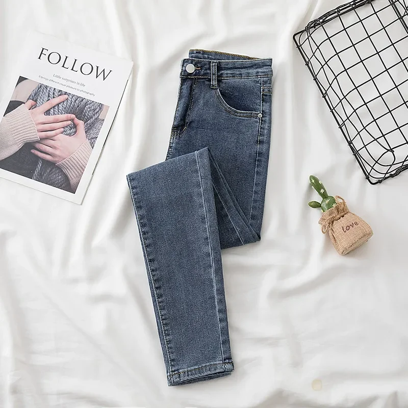 ارتفاع الخصر سليم صالح الجينز المرأة الربيع الصيف الخريف المألوف تسع نقاط مرونة سروال شكل قلم رصاص تشديد وإطالة