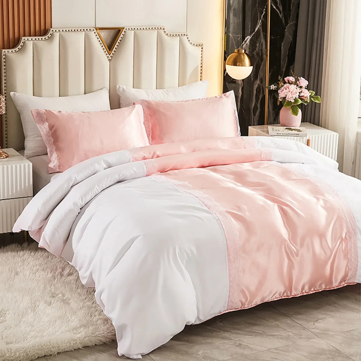 Duvet Cover Set 3 Pieces Bedding Set Elastic Silk Like Satin Vertical Stripe Lace Include Pillowcases No Comforter