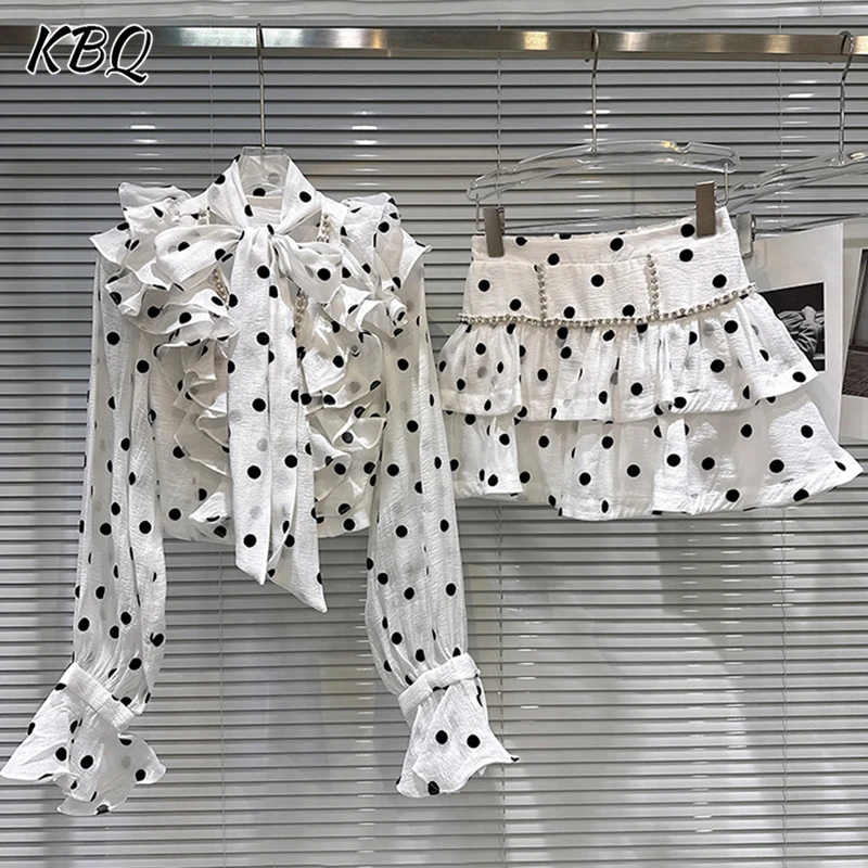 

KBQ Hit Color Сpliced Ruffles Set для женщин Короткие топы с воротником-стойкой и длинными рукавами Юбки трапециевидной формы с высокой талией Шикарный женский осенний комплект