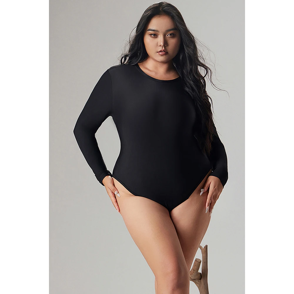 Plus Size Casual Bodysuit Black Round Neck Long Sleeve Knitted Bodysuits