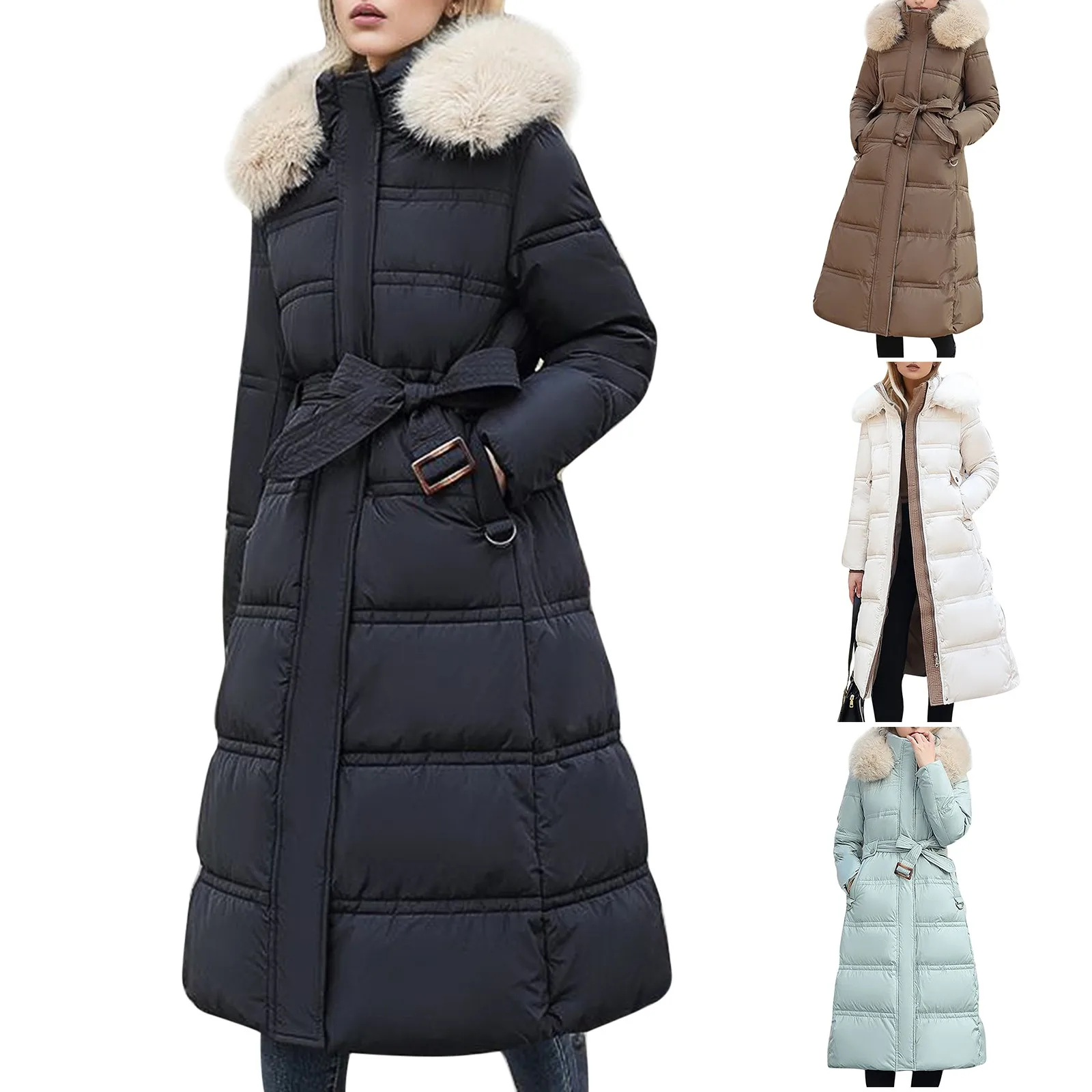 2024 New Winter Thicken Coat Big Fur Collar Extended Cotton Jacket Women's Long Style Knee High Waistband Jacket Parka