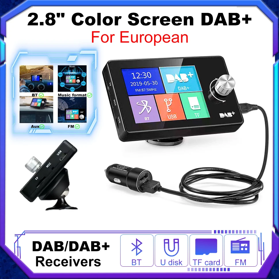 Digital Signal Broadcast Adapter DAB+ Adapter for Car Radio 2.8 Inch Screen DAB Antenna Radio FM Transmitter BT SD TF MP3 Player