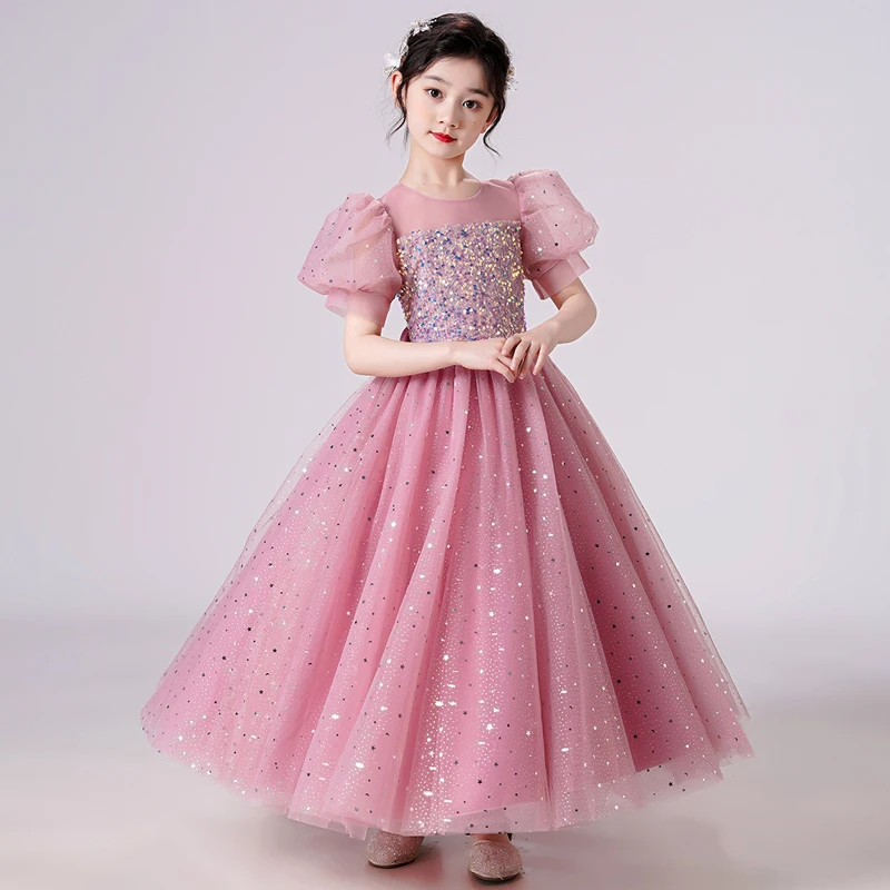 

Dress For Girls Summer Princess Dresses Sequins Puff Sleeve Ankle-Length Mesh Flower Girl Wedding One-piece For Evening Party