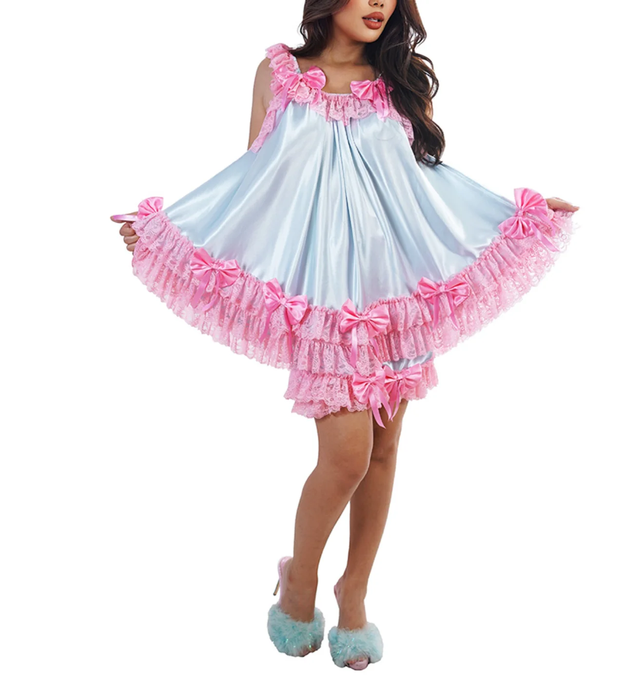 

Pink Patchwork Sky Blue Bow Suspender Hem Pleated Individual Shorts Big Skirt Two-Piece Set