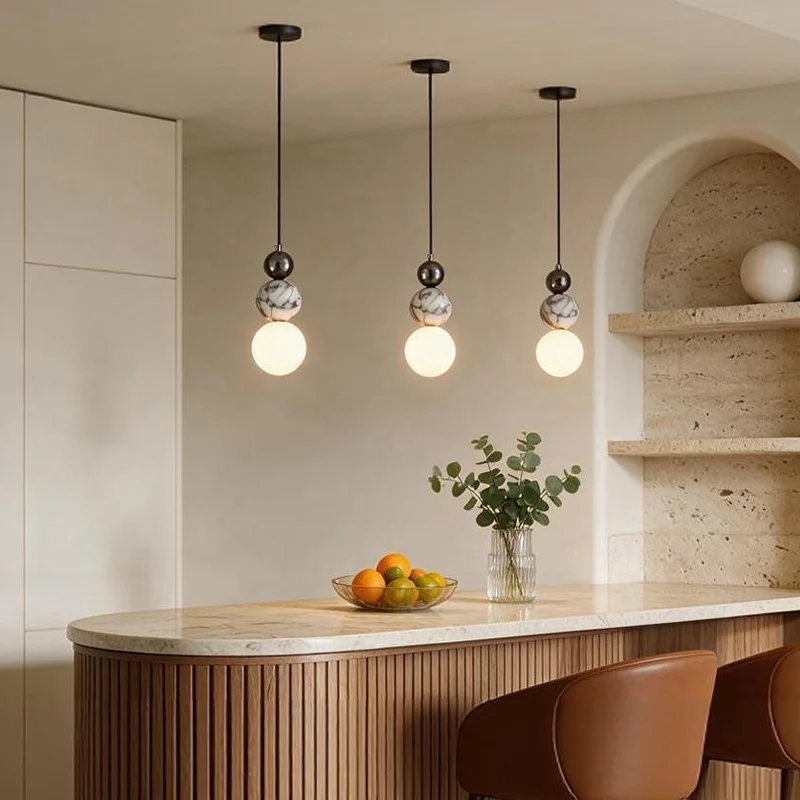 Natural Marble & Glass LED Pendant Light Fixture 7W Warm White Light 160cm Adjustable Hanging Wire Mini Globe Hang Lamp Wabi Sab