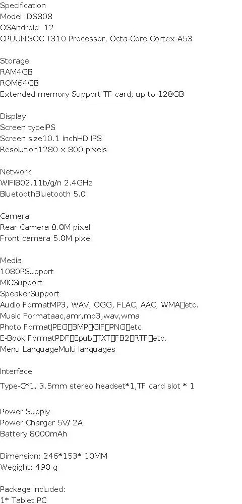DS808 4GB RAM 64GB ROM Type-C Android 12 Tablet 10.1 INCH Octa-Core UNISOC T310 Dual Camears 8000mAh WIFI Bluetooth 5.0