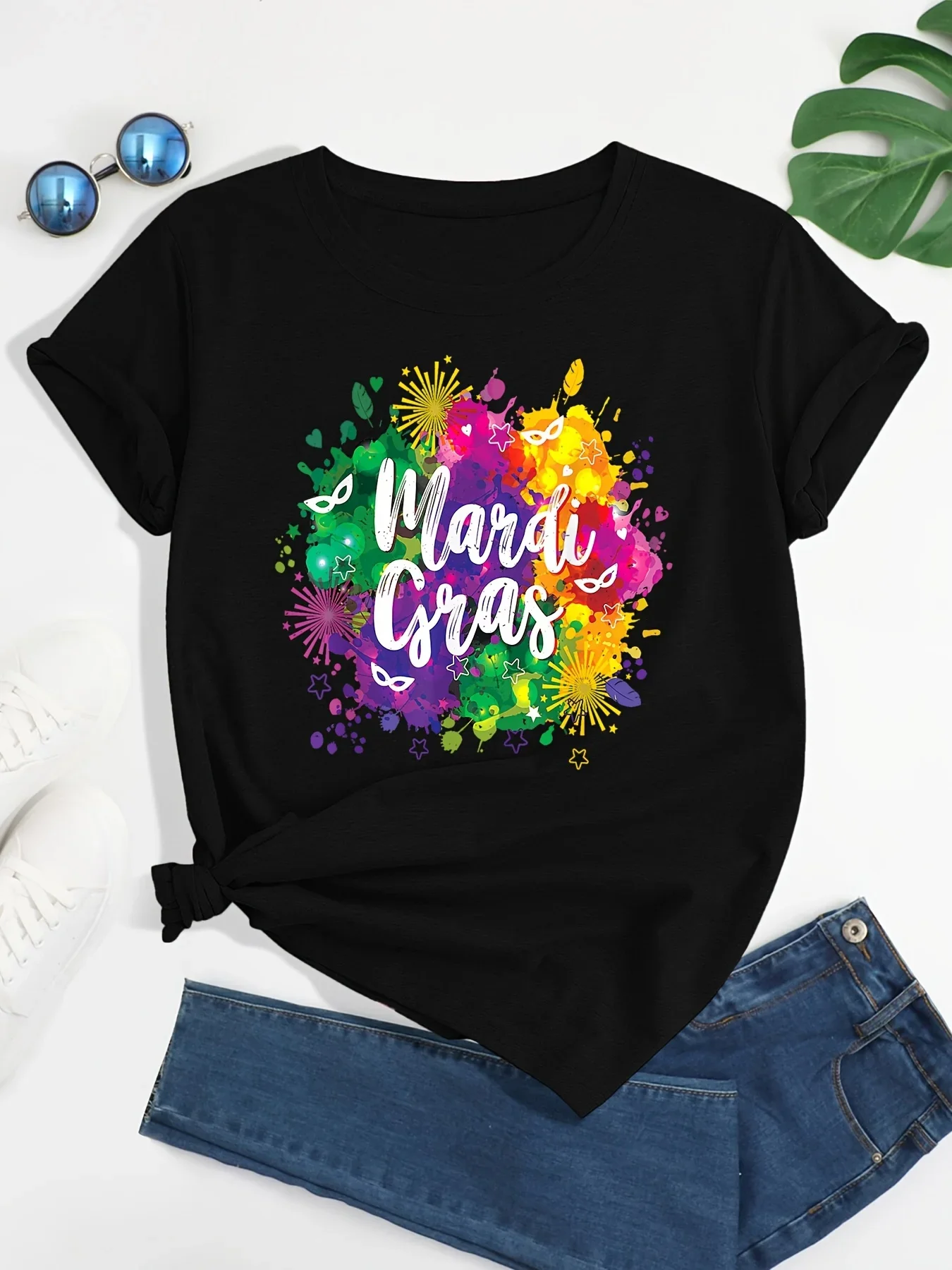 Mardi Gras Graphic Print T-shirt Casual Short Sleeve Crew Neck Top for Spring & Summer Women's Clothing