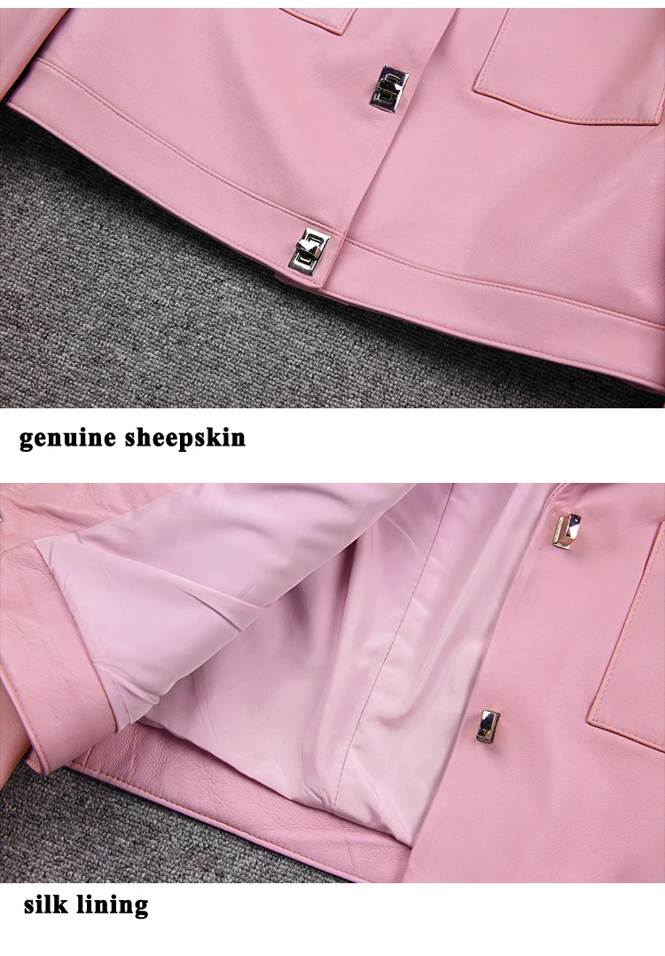 Women Clothes Winter Female Genuine Leather Coat Korean Fashion Casual Long Sleeve Metal Lock Buckle Versatile Pink Short Jacket