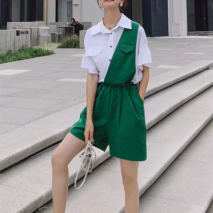 캐주얼 여름 원피스 또는 바지 투피스 가짜 어깨끈 스플라이싱 슬리밍 다용도 에이지리스 여성복