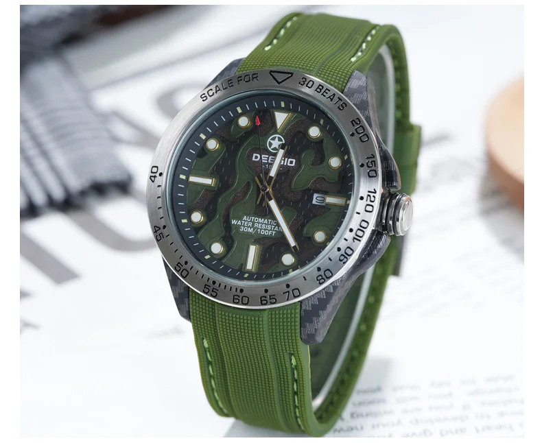 Dessio Men's Automatic Mechanical Watch | Upgrade Carbon Fiber Case Sturdy & Durable About 80g | 30M Waterproof | Luminous Dial | Date & Day Display | Trendy & Elegant Design for Business/Casual/Outdoor | Silicone Green Watch Strap | Lightweight & Sport |
