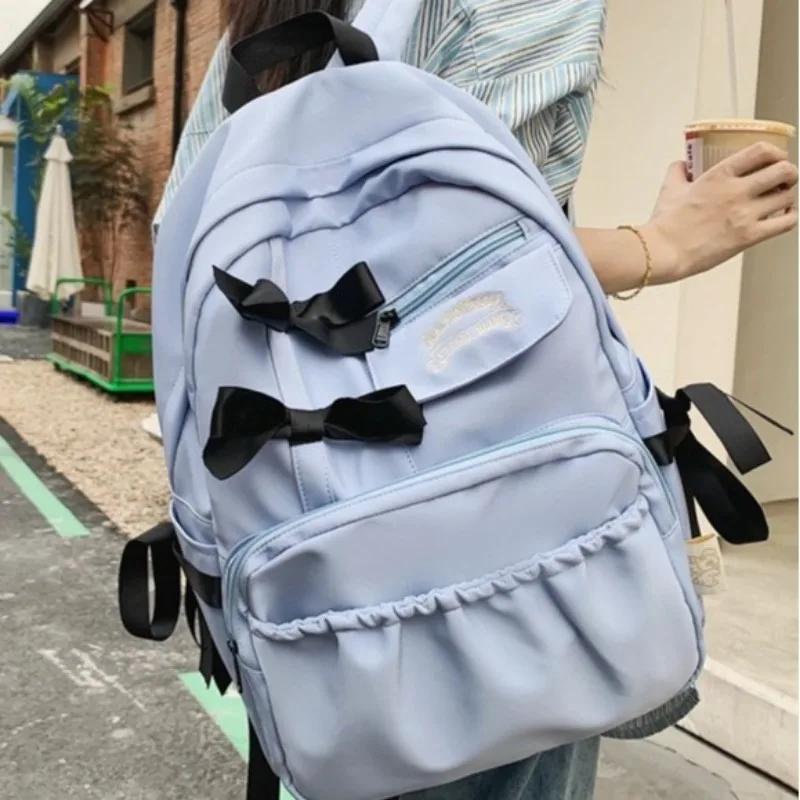 Japanese Bow-Adorned Sweet Cute Backpack Young Girl Kawaii Rucksack Middle School Students School Bags Large Light Nylon Daypack