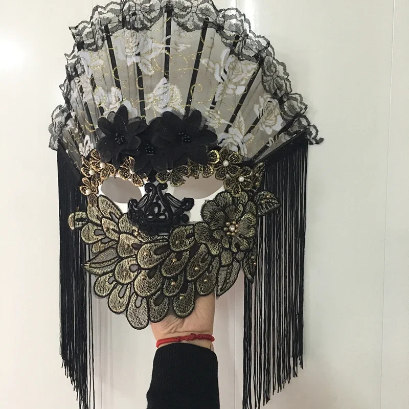 Venice Mystery Halloween Black Tassel Fan Dress Up Mask Masquerade Women's One Can Be Customized