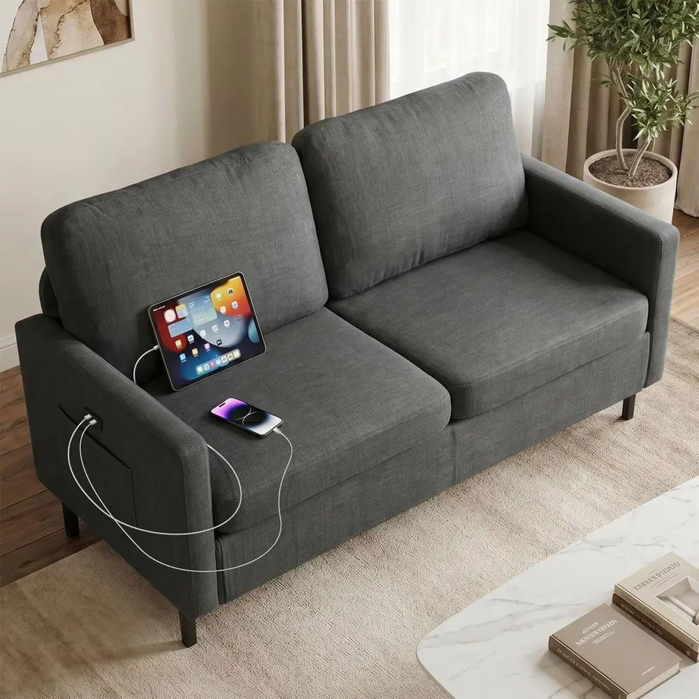 

56 Wide Fabric Loveseat Sofa with 2 USB Ports, Ideal for Small Spaces, Living Room, Bedroom, or Office, Easy Assembly, Comfortab