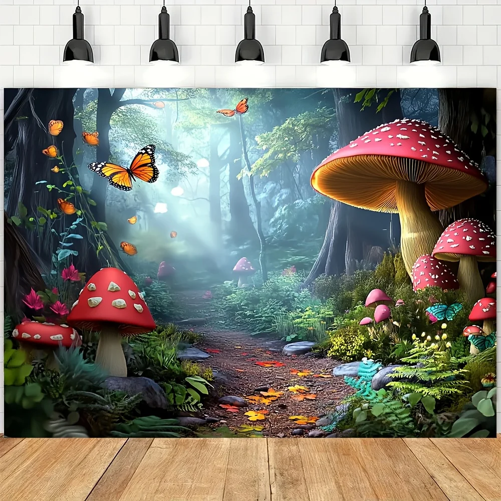 [Atapiz de bosque encantado] 1 pieza, tapiz de pared de escena de bosque encantado de gran tamaño |   Decoración de jardín de poliéster con mariposas