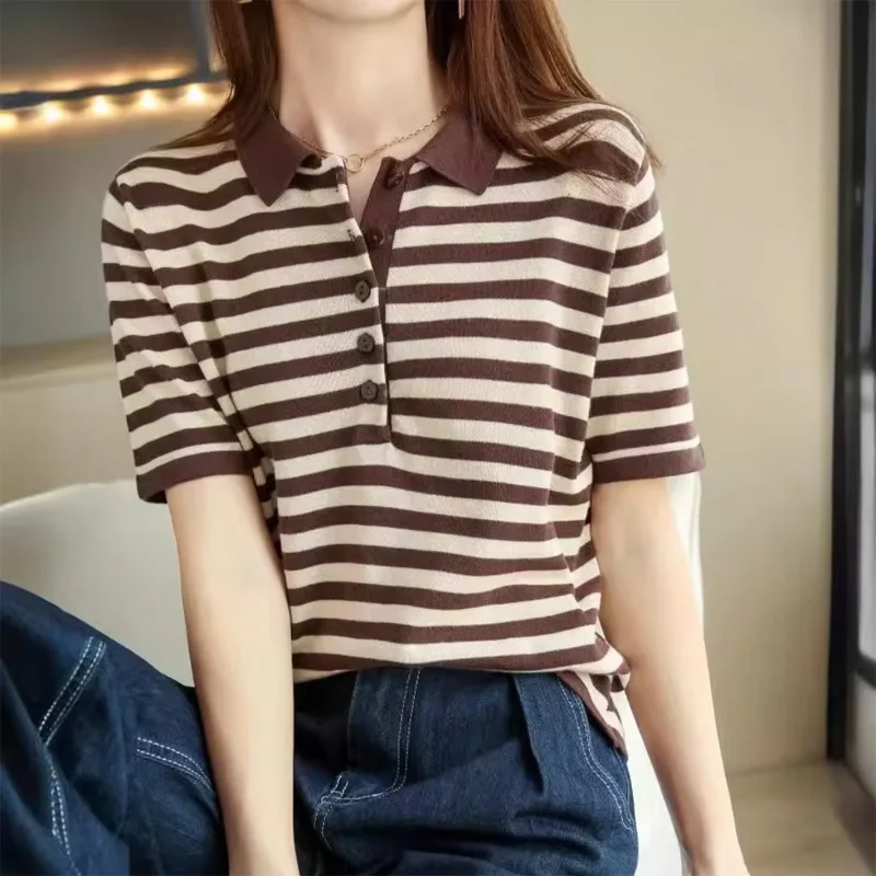 

Летняя тонкая трикотажная полосатая футболка с воротником-поло, свободный крой, женский базовый слой, футболка с короткими рукавами, трикотаж, базовый пуловер
