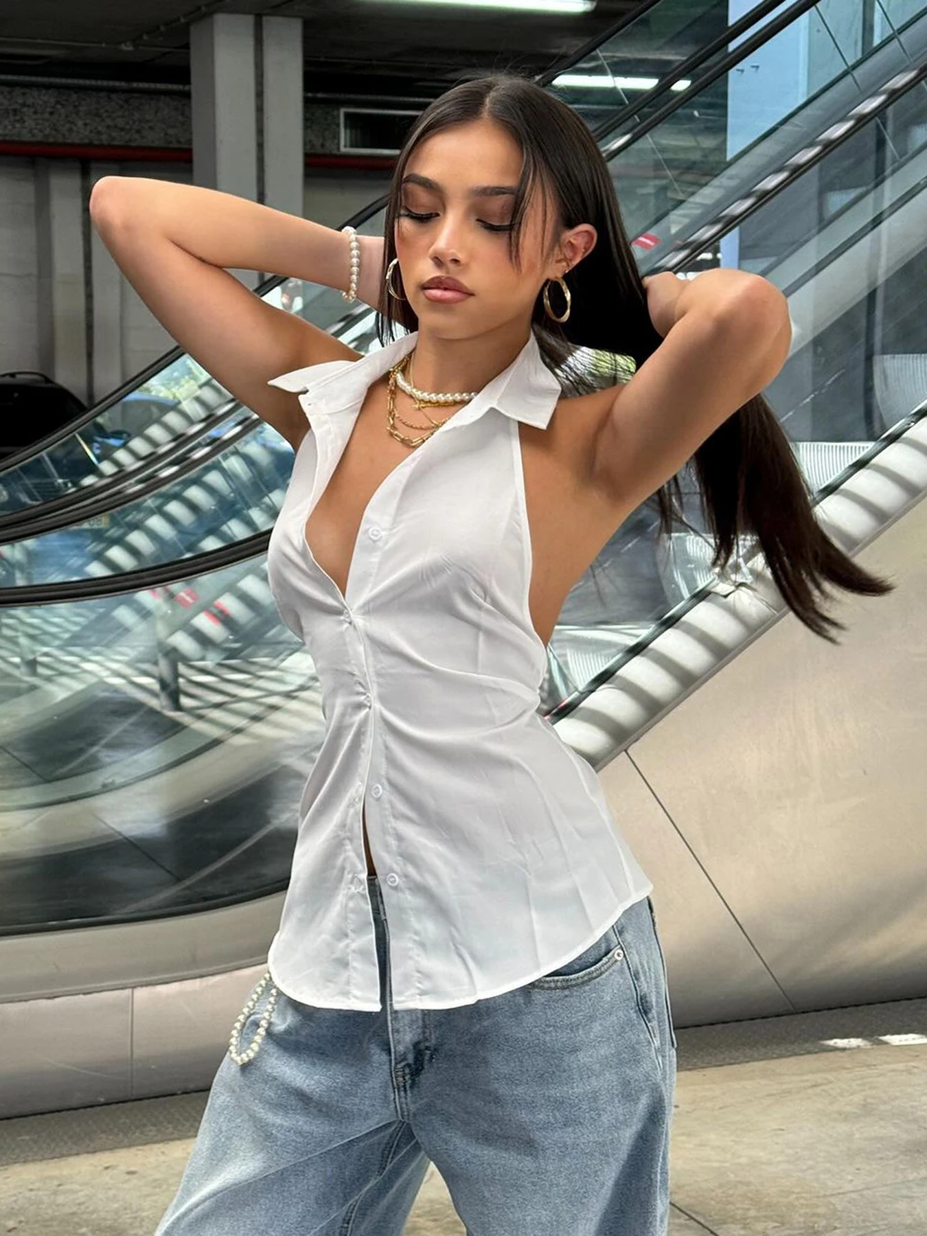 Rockmoer White Women Halter Neck Bow Lace-Up Tanks Summer Button-Up Backless Sleeveless Turn-down Collar Blouses Female Crop Top