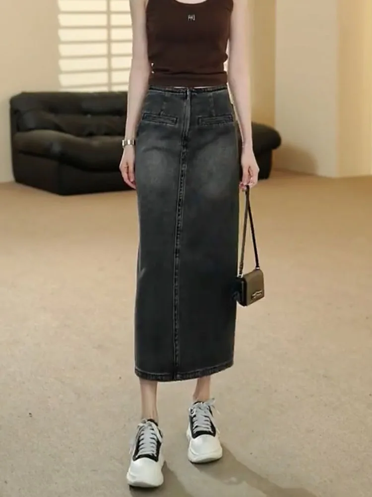 

High Street Sle Korean Bla ey Casual Versatile Skirt with Ba Slit Retro Sle All Body Skirt for plus Size Women