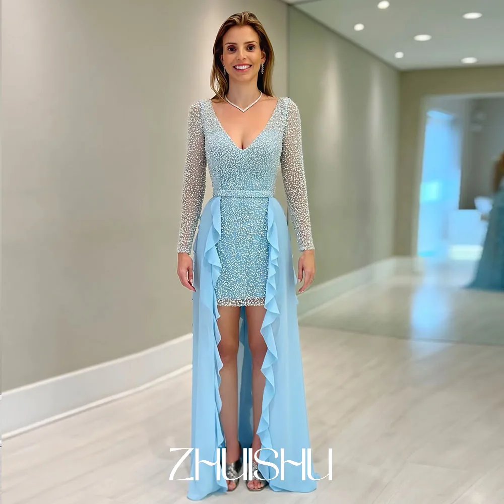 2025 Blue Luxury Women Party Dresses Beading Deep V-Neck Long Sleeves Mini Prom Dress with Ruffled Customized Evening Gown