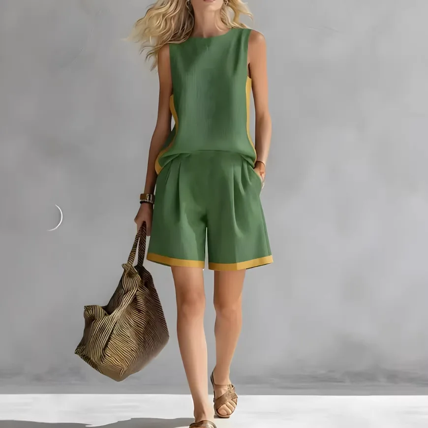 Contrast Color Sleeveless Top and Shorts Set Fashion Casual Two Piece Outfit for Women - Image 2