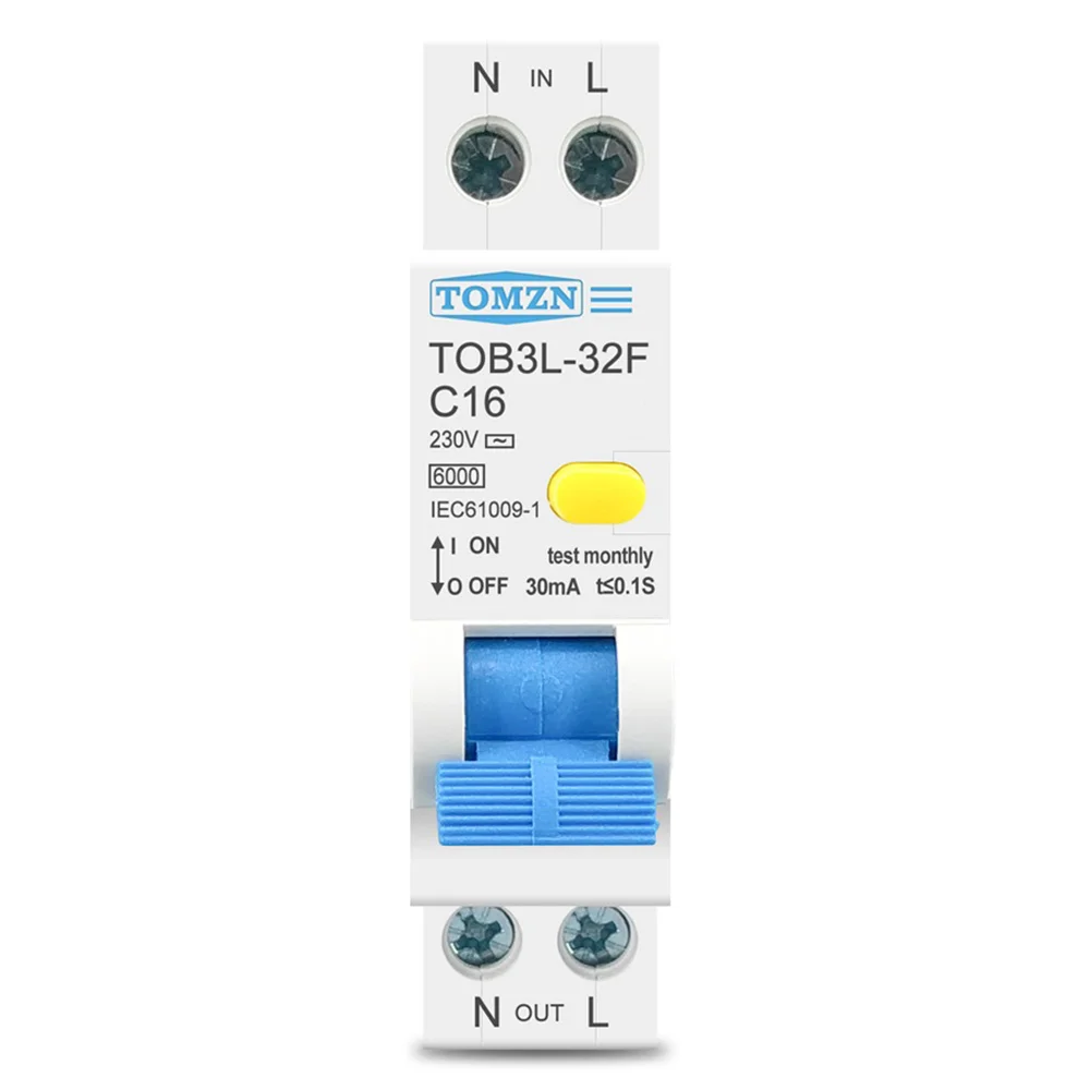 TOMZN 18MM 230V RCBO 1P+N 6KA Residual Current Differential Automatic Circuit Breaker with over Current Leakage Protection, 16A