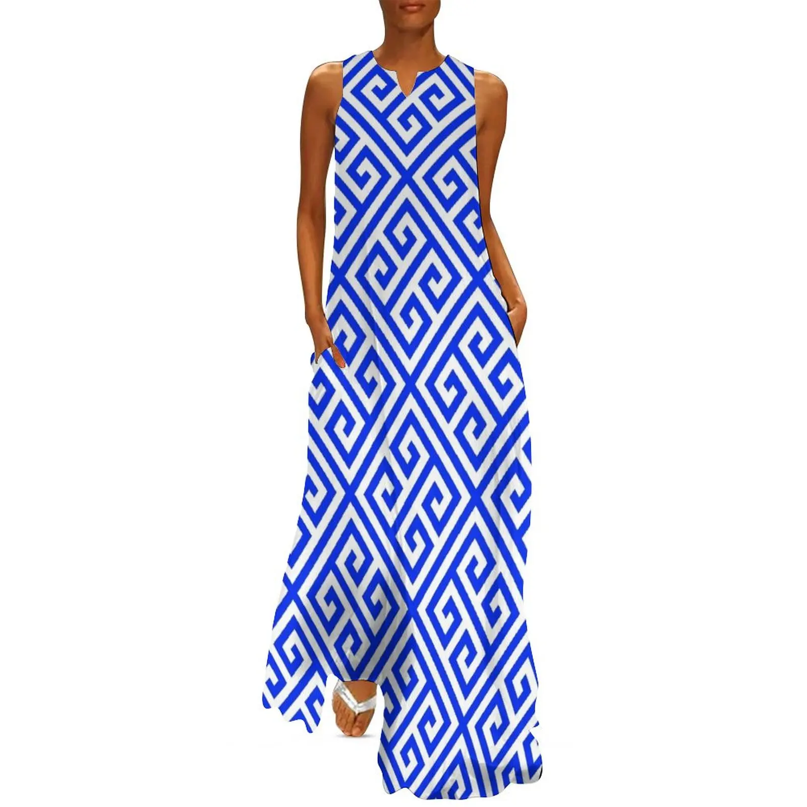 

blue white pattern, Greek Key pattern - Greek fret design Long Dress Prom gown women evening dress Dress